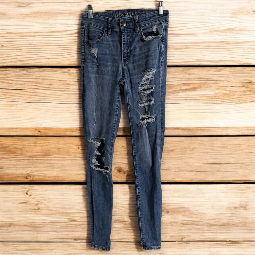 American Eagle Womens Jeans Sz 2 Hi Rise Jegging Light Blue Distressed Destroyed